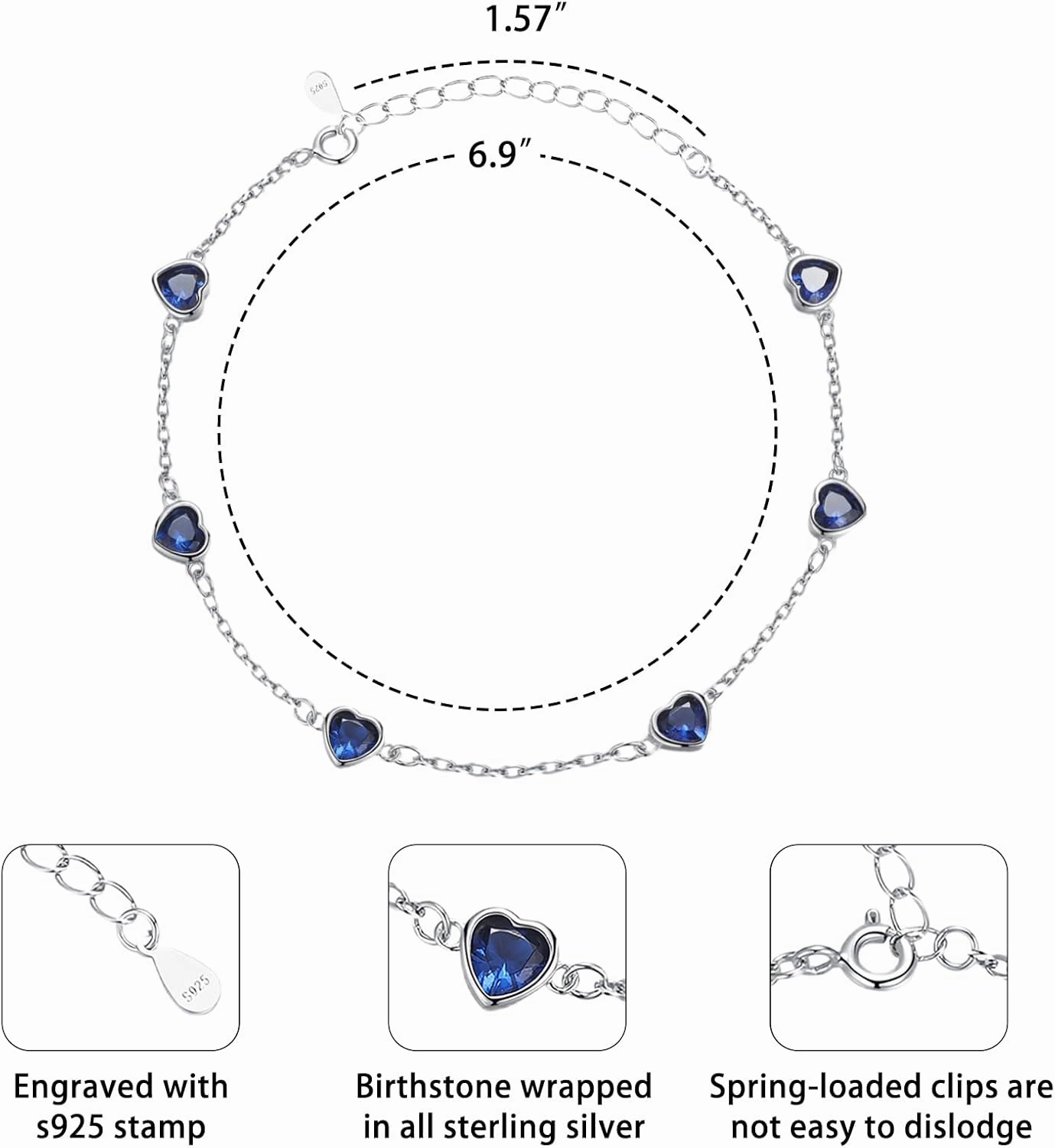 925 Sterling Silver Birthstone Bracelet 12 Color Options Diamond Heart Bracelet Jewelry Gift for Women
