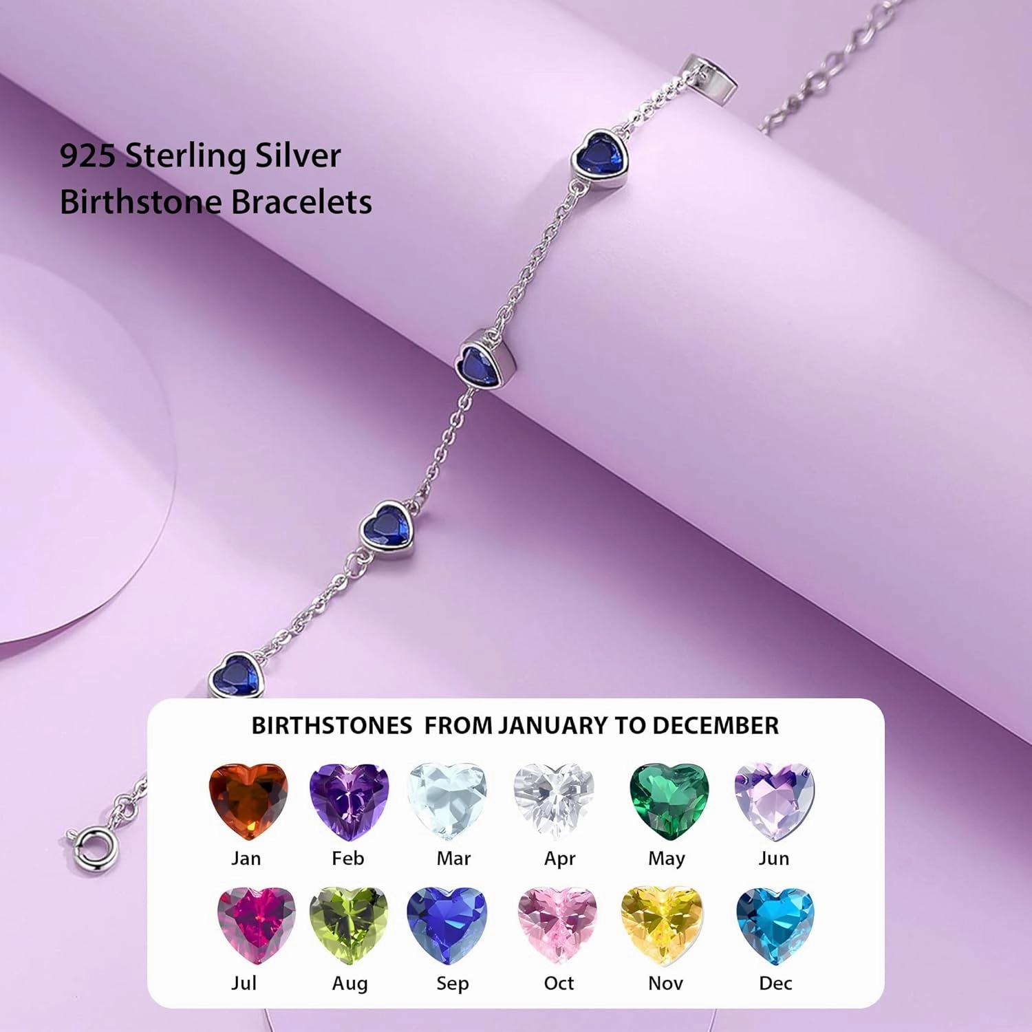 925 Sterling Silver Birthstone Bracelet 12 Color Options Diamond Heart Bracelet Jewelry Gift for Women