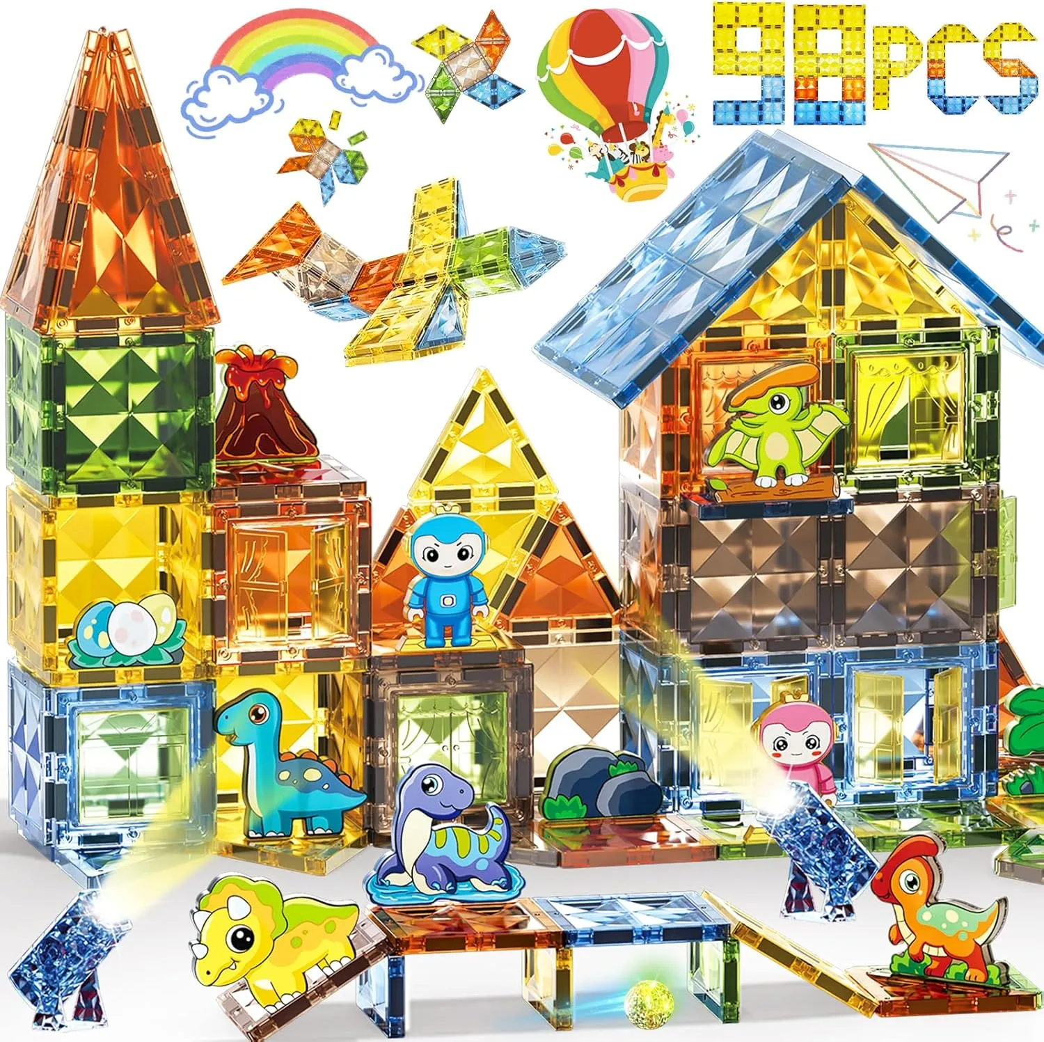 98PCS Magnetic Building Sets - Magnetic Tiles with Lights for Preschoolers Ideal Construction Set for Building Learning Activities