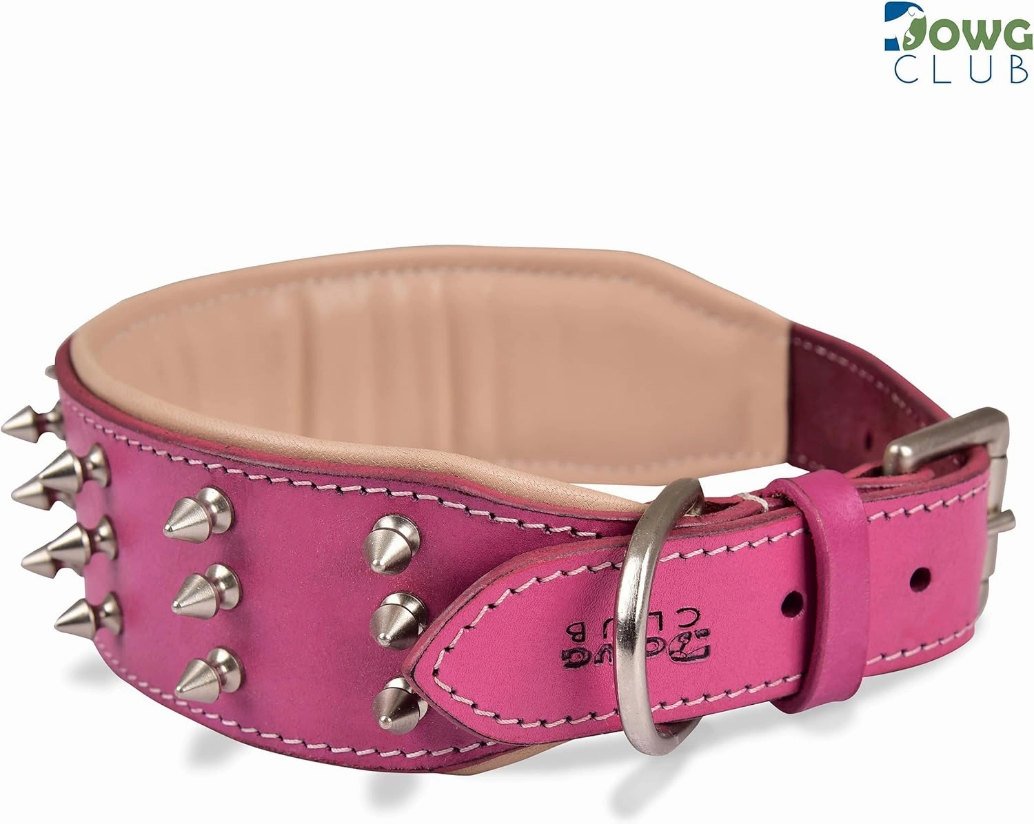 | Genuine Leather Spike Dog Collar | Full Grain, Heavy Duty | Comfortable, Strong, Best for Medium, Large, XL Breeds | 2" Wide (XL (Fit Neck 22.5"-25.5"), Pink with Silver Spikes)