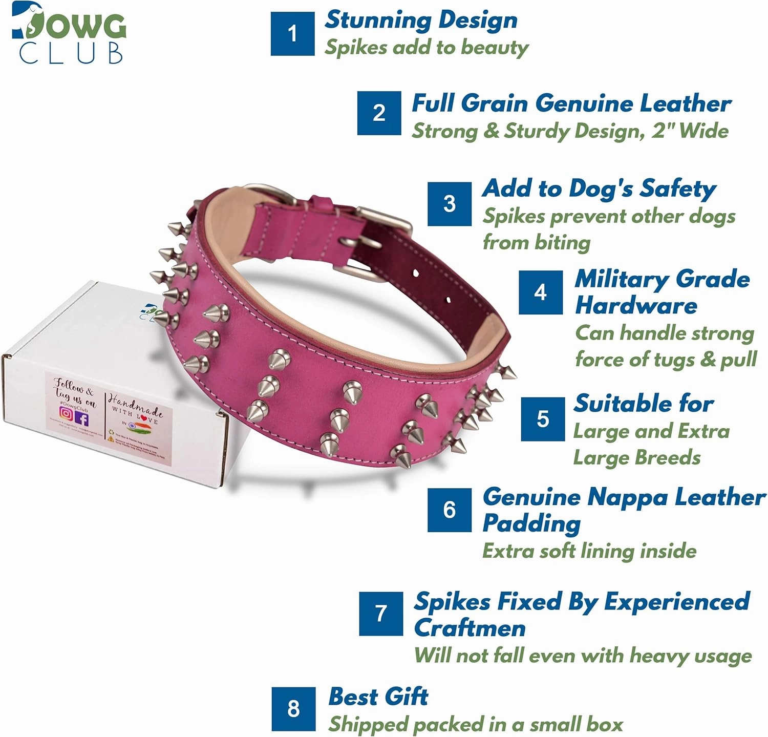 | Genuine Leather Spike Dog Collar | Full Grain, Heavy Duty | Comfortable, Strong, Best for Medium, Large, XL Breeds | 2" Wide (XL (Fit Neck 22.5"-25.5"), Pink with Silver Spikes)