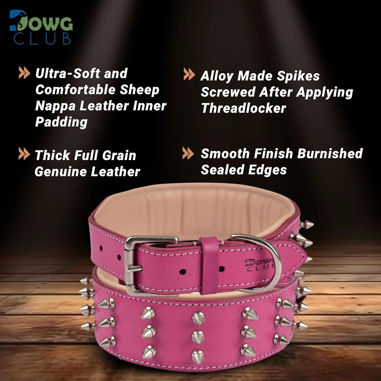 | Genuine Leather Spike Dog Collar | Full Grain, Heavy Duty | Comfortable, Strong, Best for Medium, Large, XL Breeds | 2" Wide (XL (Fit Neck 22.5"-25.5"), Pink with Silver Spikes)