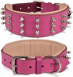 | Genuine Leather Spike Dog Collar | Full Grain, Heavy Duty | Comfortable, Strong, Best for Medium, Large, XL Breeds | 2" Wide (XL (Fit Neck 22.5"-25.5"), Pink with Silver Spikes)