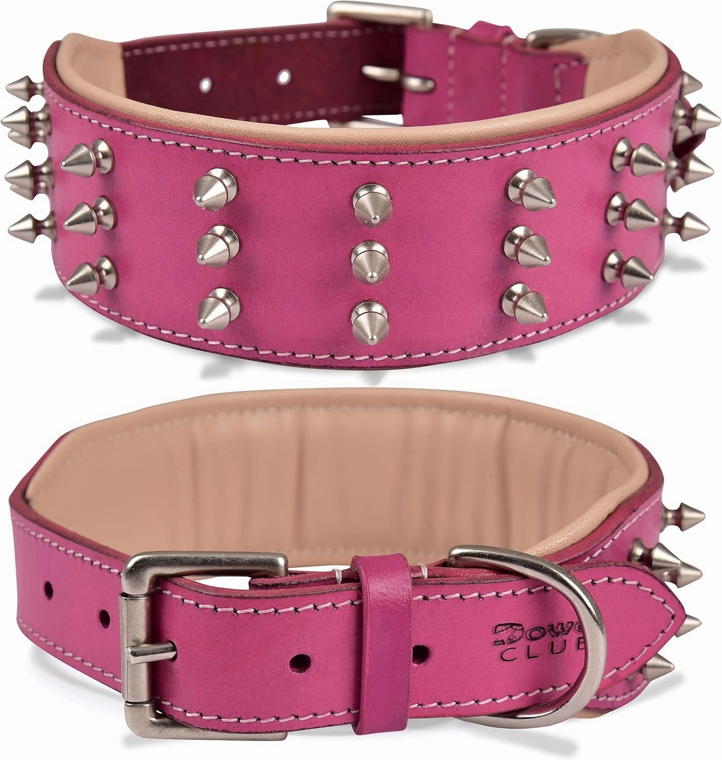 | Genuine Leather Spike Dog Collar | Full Grain, Heavy Duty | Comfortable, Strong, Best for Medium, Large, XL Breeds | 2" Wide (XL (Fit Neck 22.5"-25.5"), Pink with Silver Spikes)