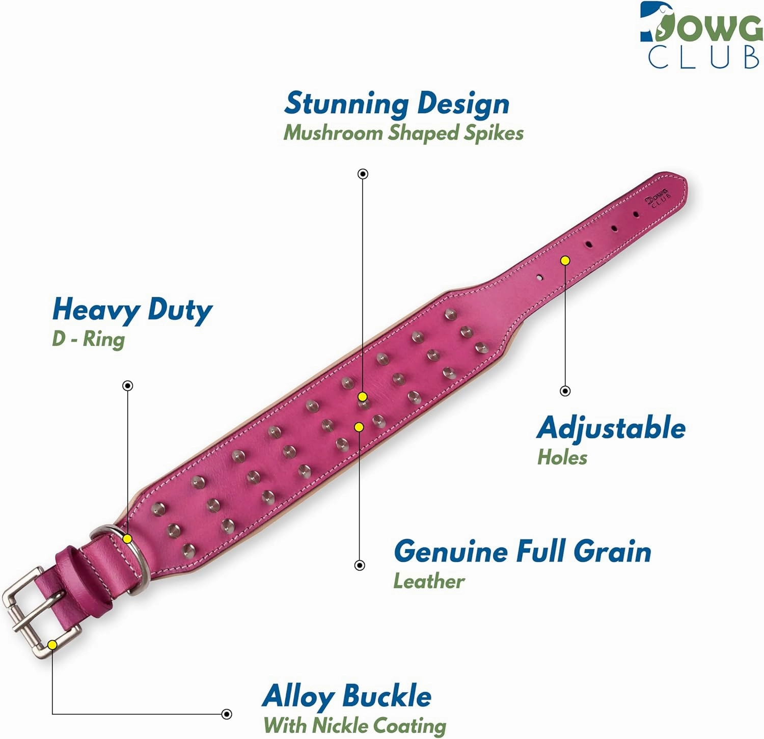 | Genuine Leather Spike Dog Collar | Full Grain, Heavy Duty | Comfortable, Strong, Best for Medium, Large, XL Breeds | 2" Wide (XL (Fit Neck 22.5"-25.5"), Pink with Silver Spikes)
