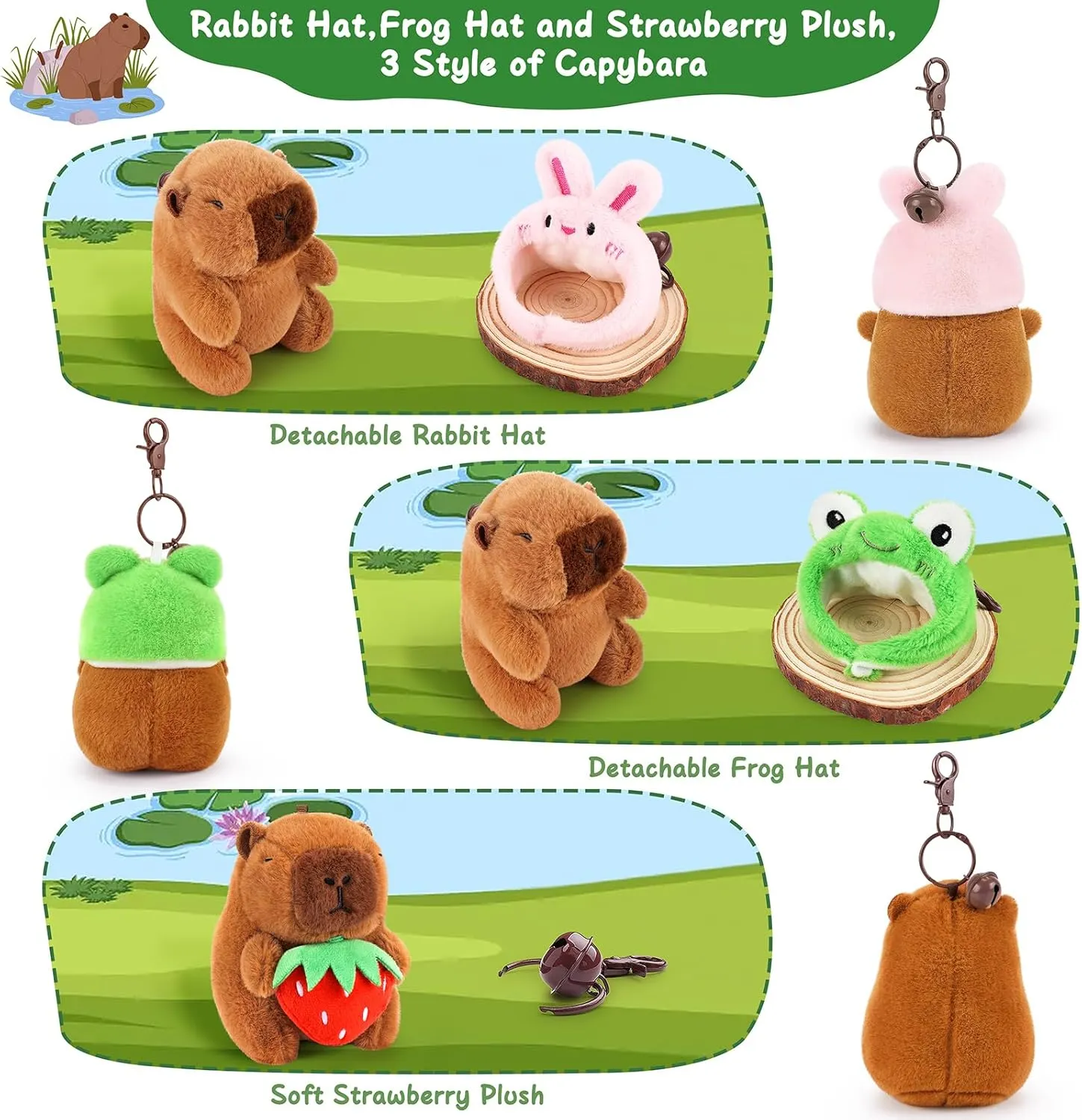 Achwishap 3PCS Capybara Plush Keychain,Cute Keychain Capybara Stuffed Animal,Soft Capybara Plush Toys Key Chain,Kawaii Plushie Stuffed Toys for Kids Adults(Bunny Hat,Frog Hat,Holding Strawberry)