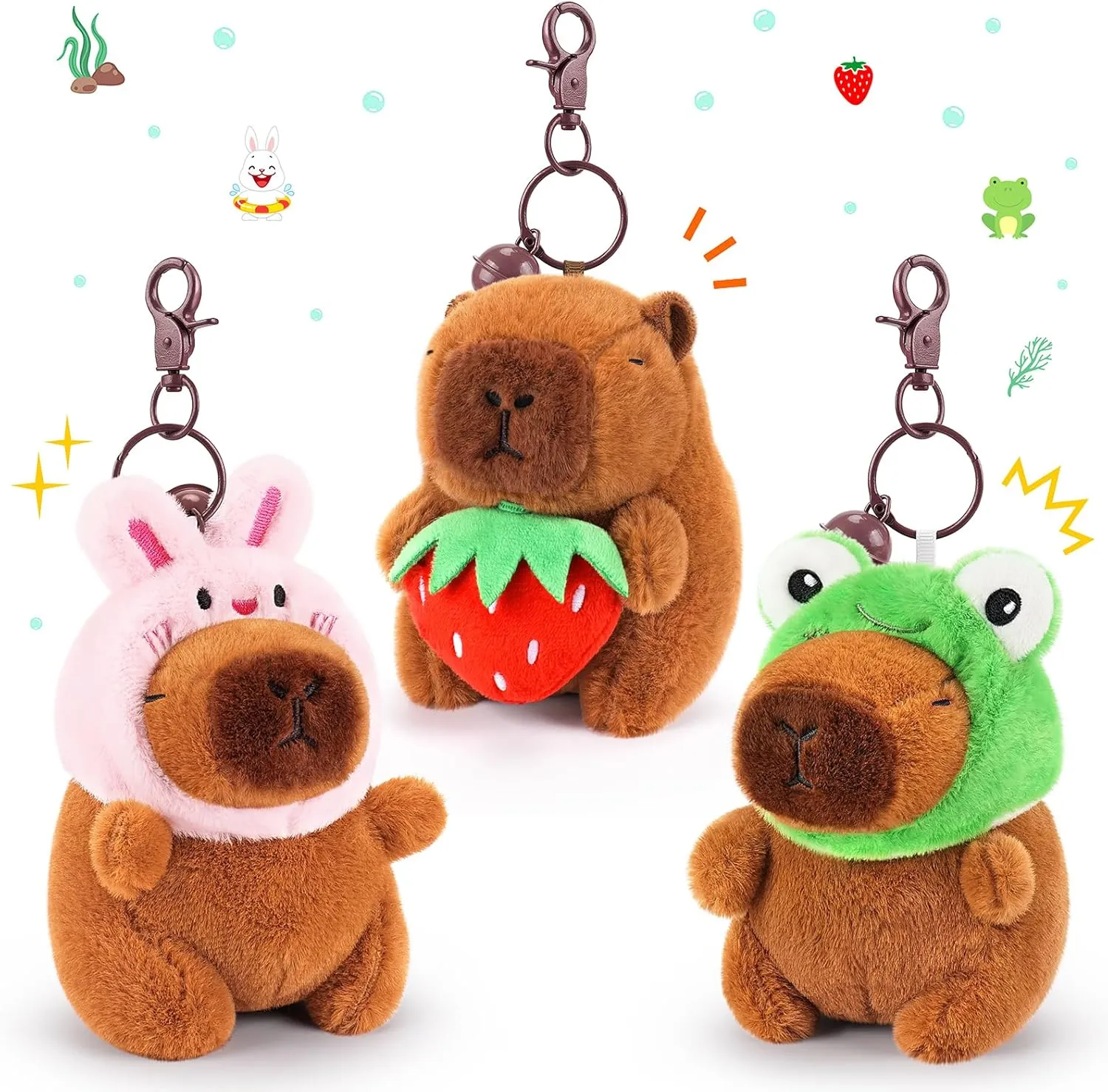 Achwishap 3PCS Capybara Plush Keychain,Cute Keychain Capybara Stuffed Animal,Soft Capybara Plush Toys Key Chain,Kawaii Plushie Stuffed Toys for Kids Adults(Bunny Hat,Frog Hat,Holding Strawberry)