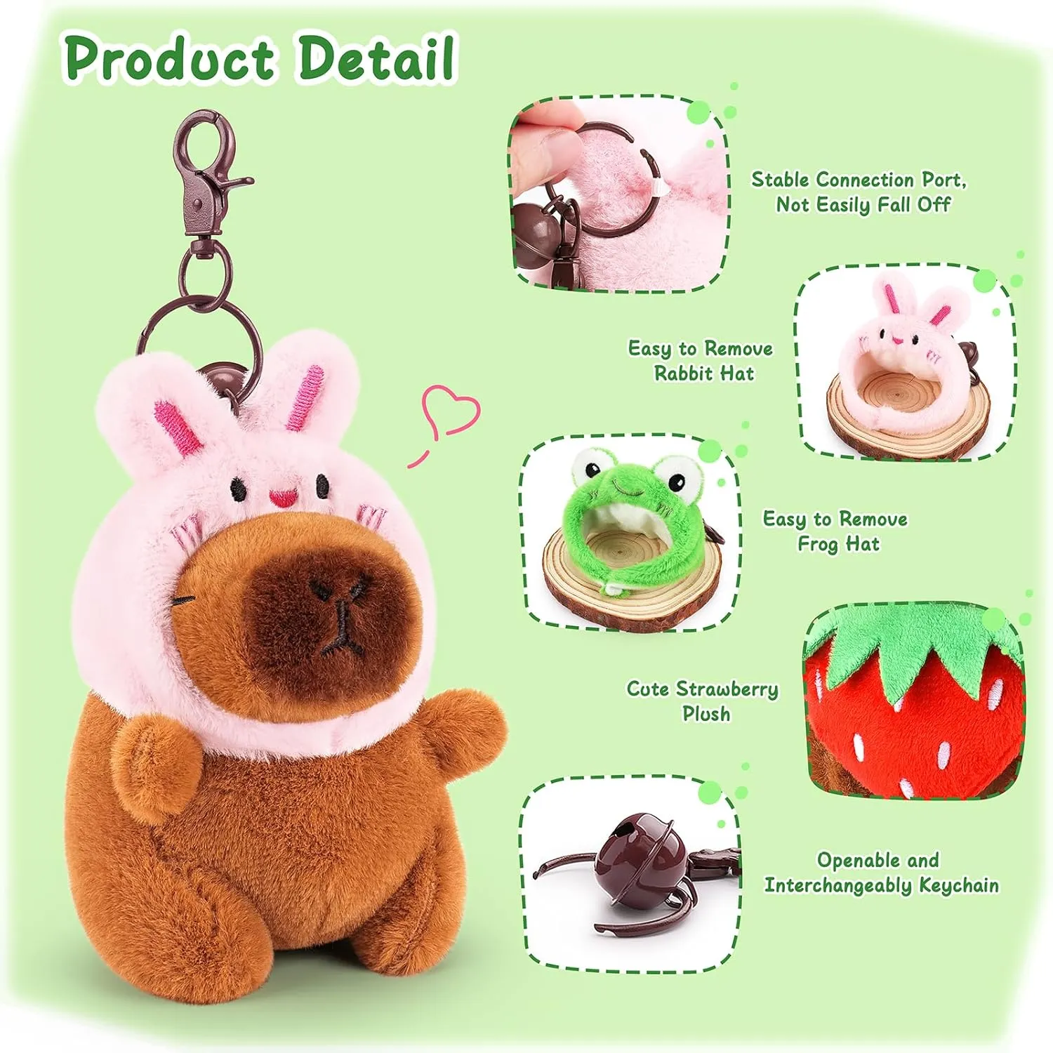 Achwishap 3PCS Capybara Plush Keychain,Cute Keychain Capybara Stuffed Animal,Soft Capybara Plush Toys Key Chain,Kawaii Plushie Stuffed Toys for Kids Adults(Bunny Hat,Frog Hat,Holding Strawberry)