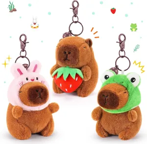 Achwishap 3PCS Capybara Plush Keychain,Cute Keychain Capybara Stuffed Animal,Soft Capybara Plush Toys Key Chain,Kawaii Plushie Stuffed Toys for Kids Adults(Bunny Hat,Frog Hat,Holding Strawberry)