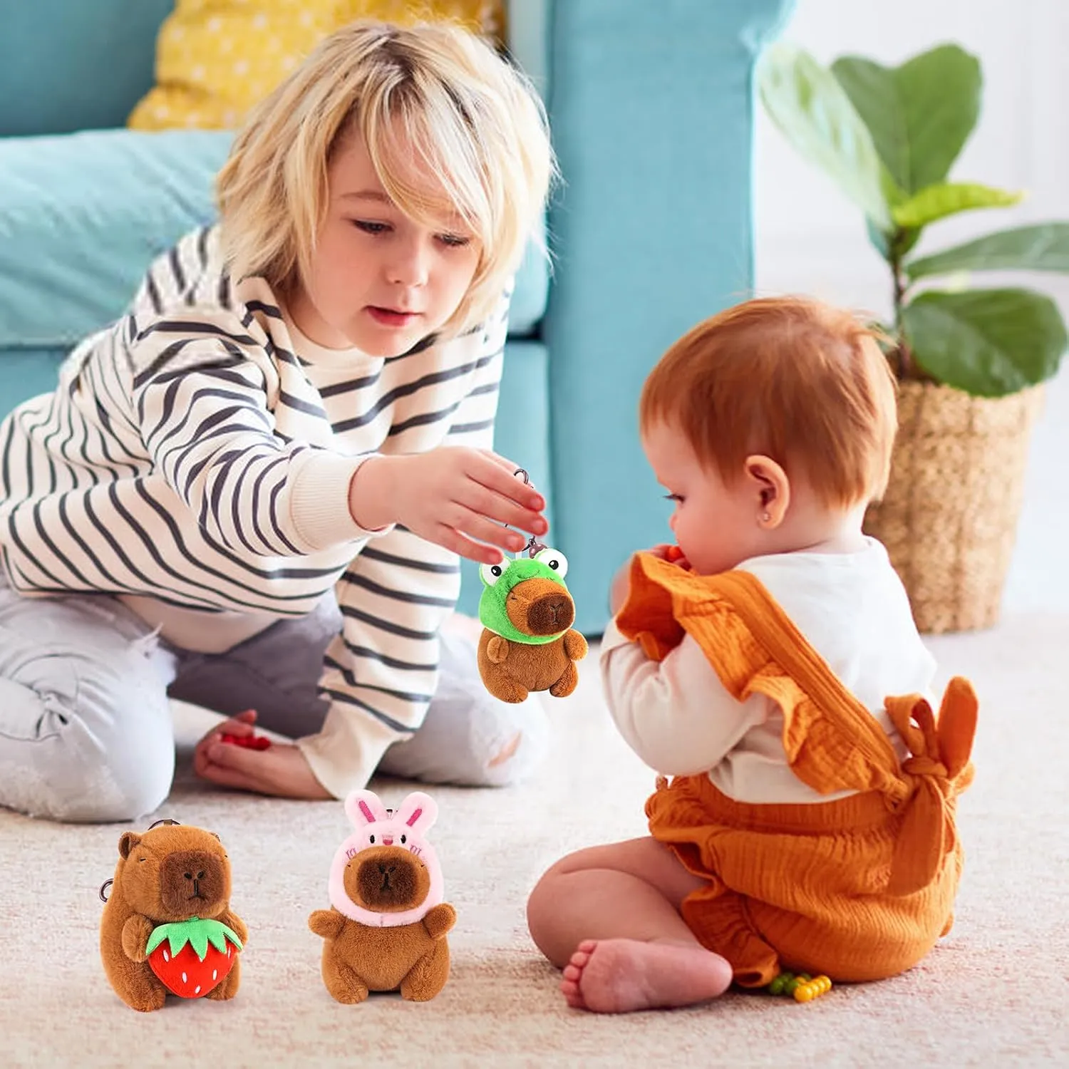 Achwishap 3PCS Capybara Plush Keychain,Cute Keychain Capybara Stuffed Animal,Soft Capybara Plush Toys Key Chain,Kawaii Plushie Stuffed Toys for Kids Adults(Bunny Hat,Frog Hat,Holding Strawberry)