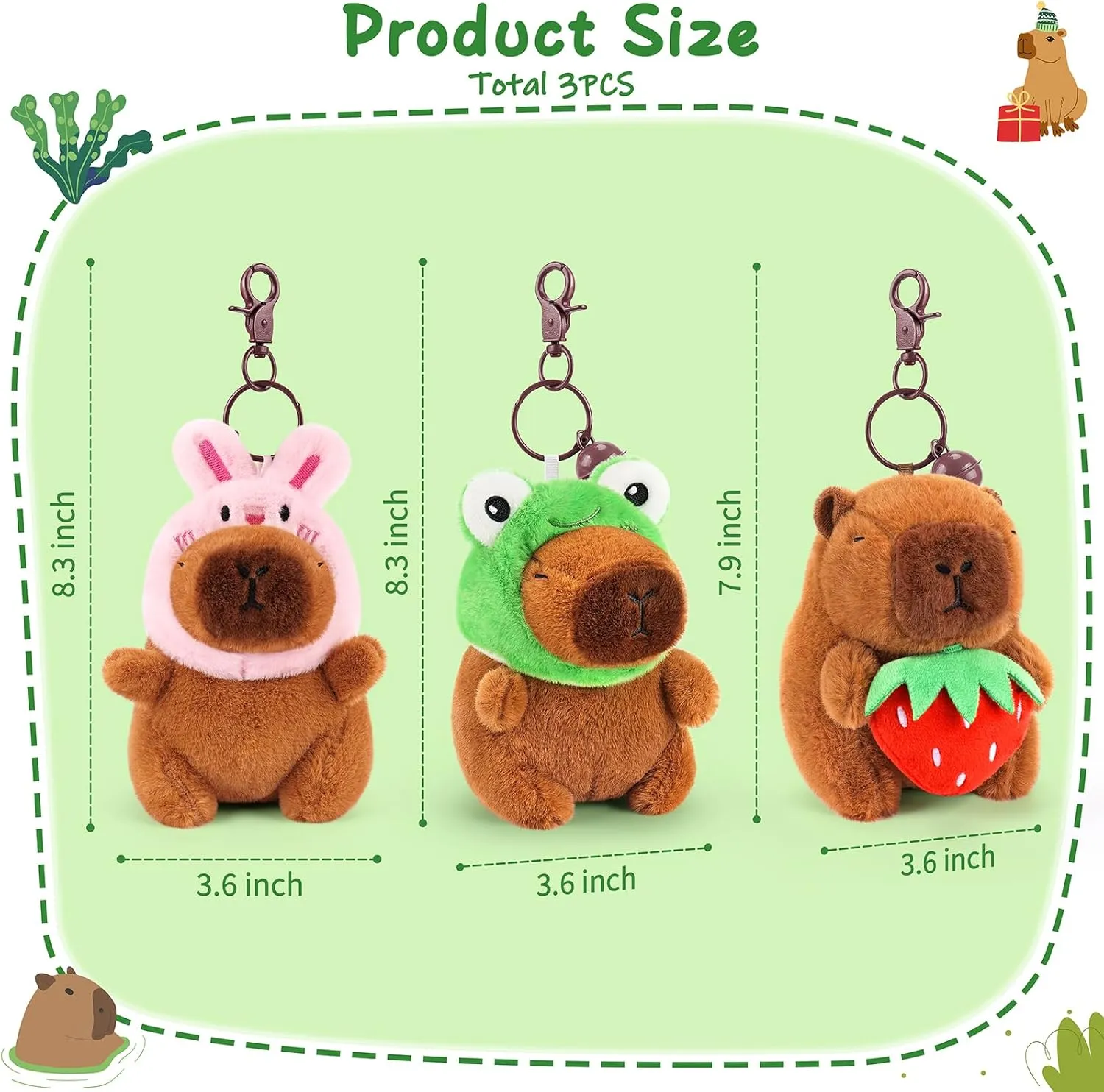 Achwishap 3PCS Capybara Plush Keychain,Cute Keychain Capybara Stuffed Animal,Soft Capybara Plush Toys Key Chain,Kawaii Plushie Stuffed Toys for Kids Adults(Bunny Hat,Frog Hat,Holding Strawberry)