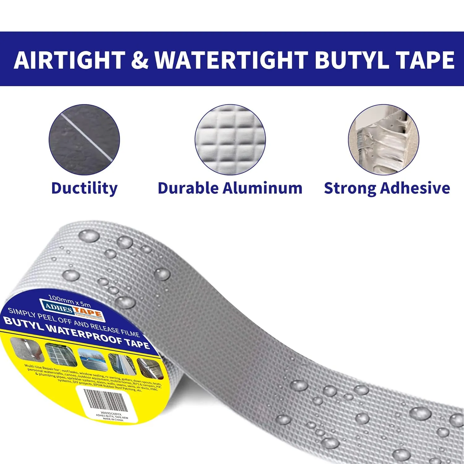 ADHES Butyl Tape Waterproof Tape Aluminum Foil Tape 2 Inch x 16 Feet, Butyl Sealant Tape for RV Repair, Window, Silicone, Boat and Pipe Sealing, Glass & EDPM Rubber Roof Patching, Silver