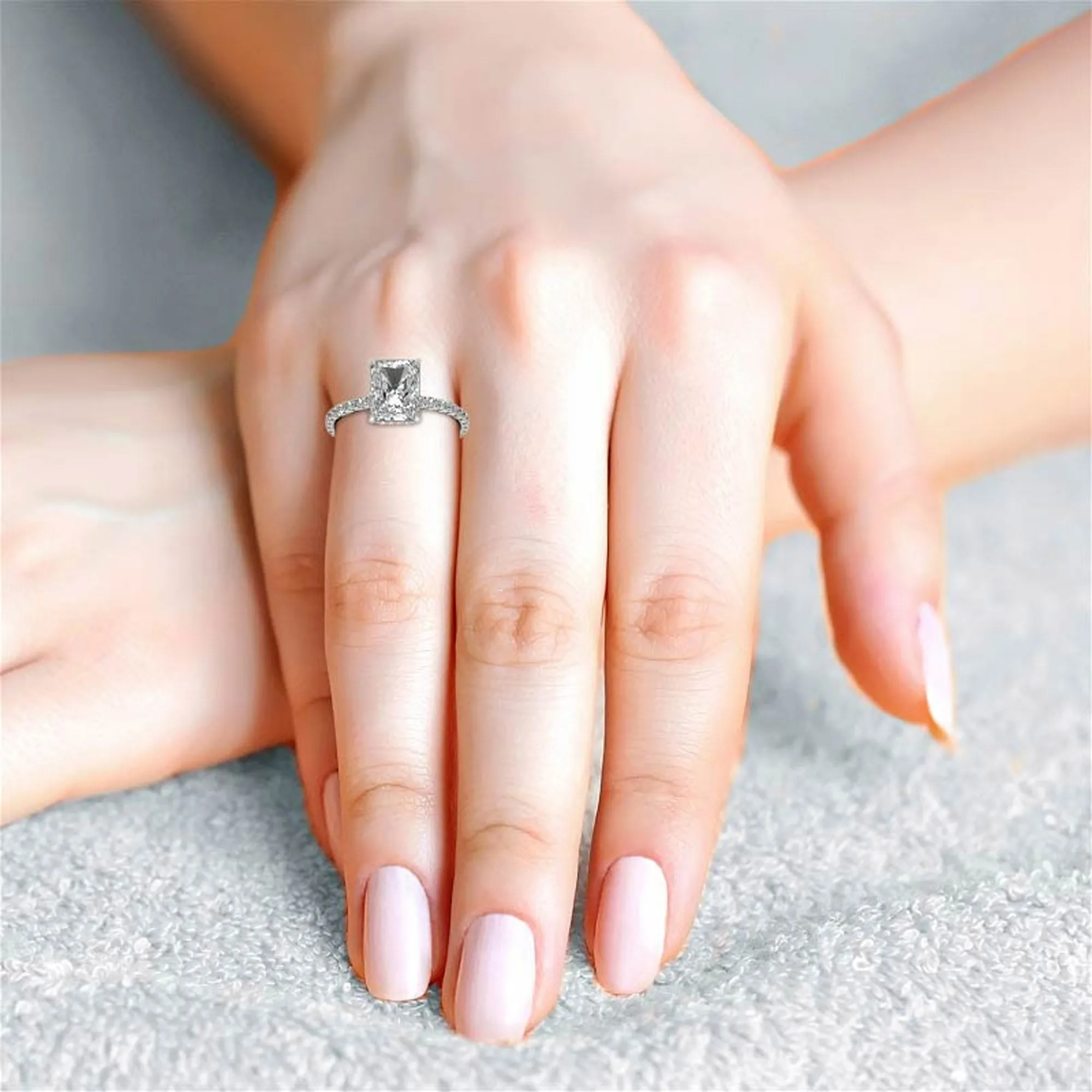 Adjustable Elegant Sterling Silver Moissanite White Gold Pave Band Ring Perfect for Engagement.