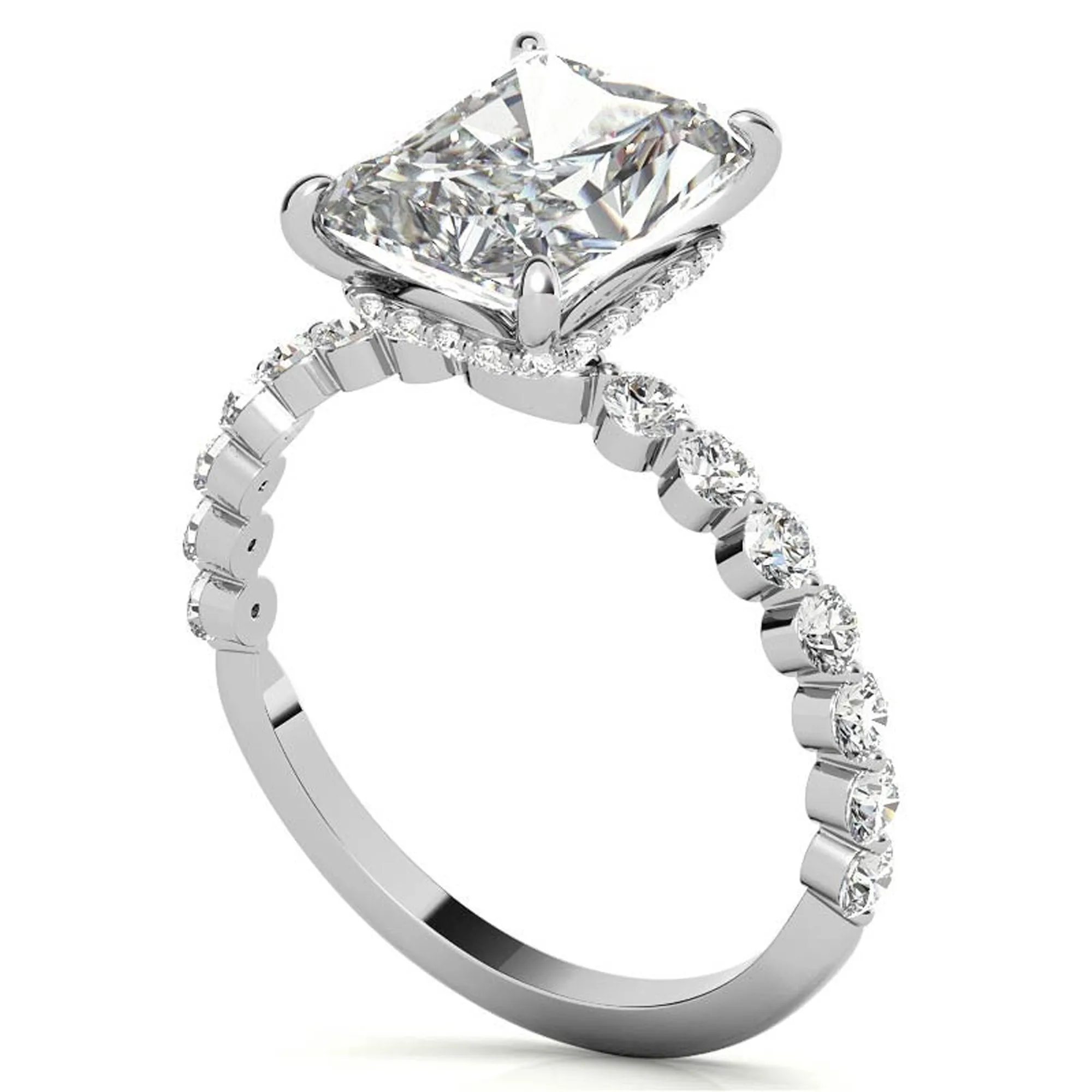 Adjustable Sterling Silver Elegant White Gold Radiant Cut Stone & Pave Accents For Women