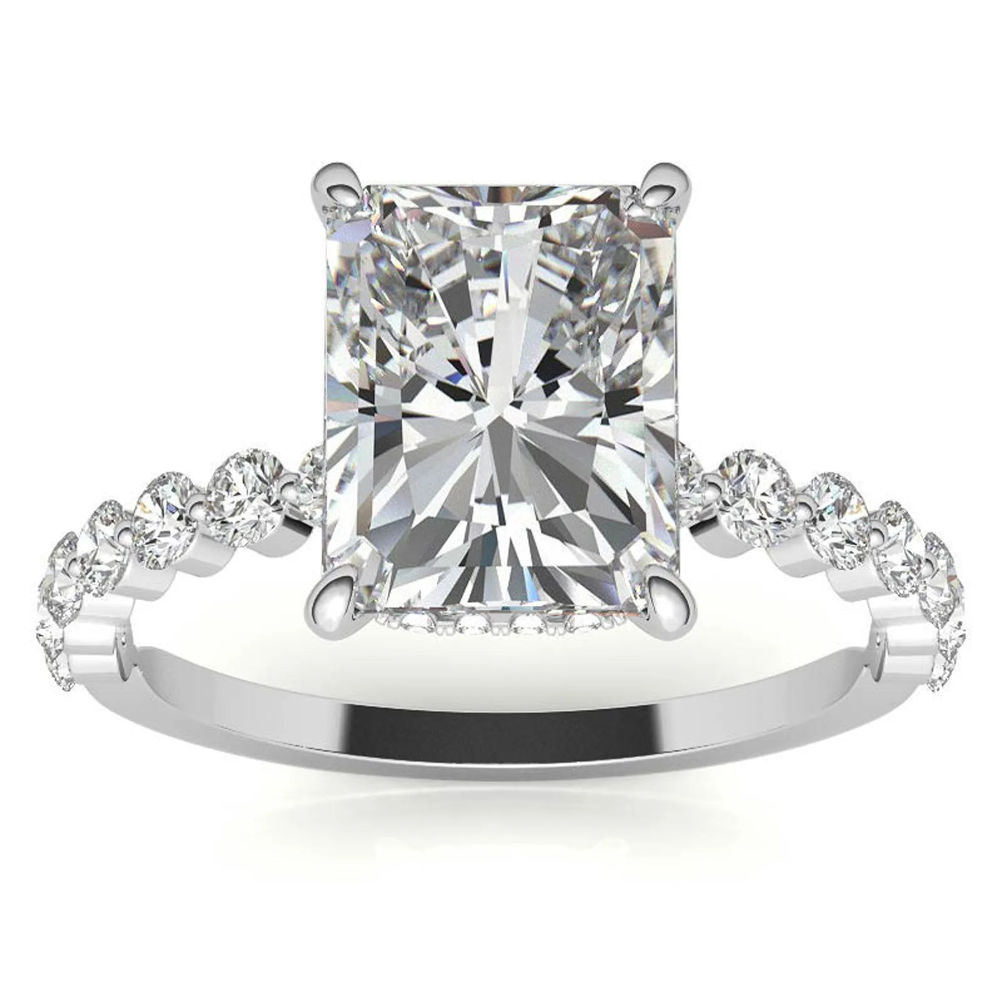 Adjustable Sterling Silver Elegant White Gold Radiant Cut Stone & Pave Accents For Women