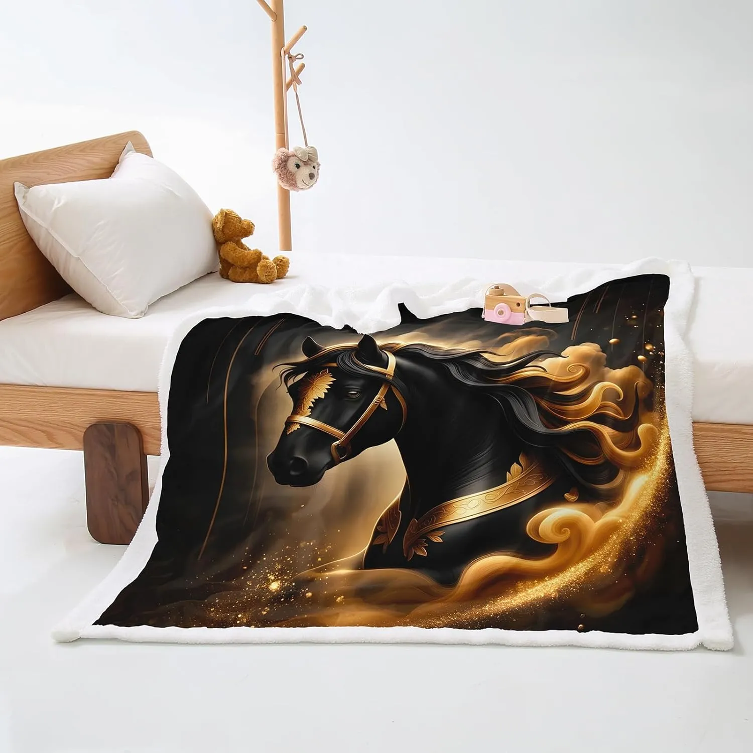 AILONEN Black & Gold Horse Throw Blanket,Galloping Horse Fleece Shepra Blanket,West Desert Smoking Printed Soft Blanket Bed/Sofa Decor, 47 x 31 Inches