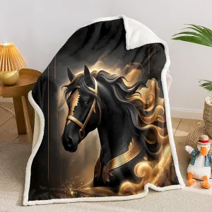 AILONEN Black & Gold Horse Throw Blanket,Galloping Horse Fleece Shepra Blanket,West Desert Smoking Printed Soft Blanket Bed/Sofa Decor, 47 x 31 Inches