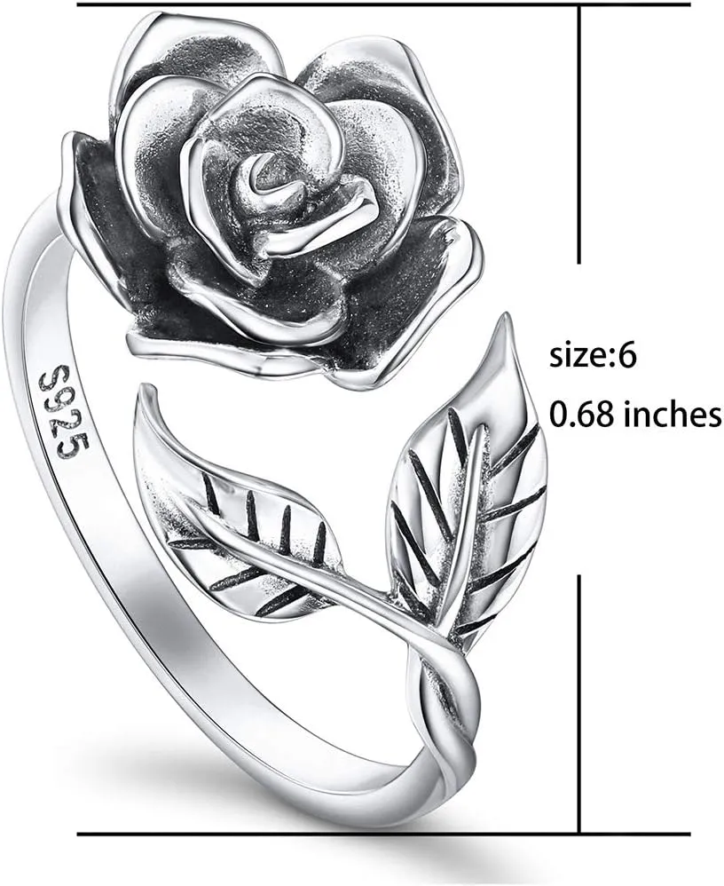 Alphm S925 Sterling Silver Rose Flower Ring Adjustable Wrap Open Jewelry for Women Friend Mom Bride Girlfriend Sisters Teen