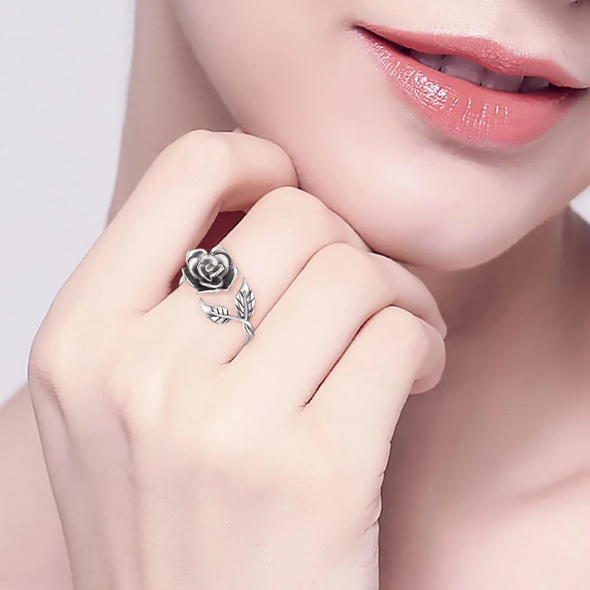 Alphm S925 Sterling Silver Rose Flower Ring Adjustable Wrap Open Jewelry for Women Friend Mom Bride Girlfriend Sisters Teen