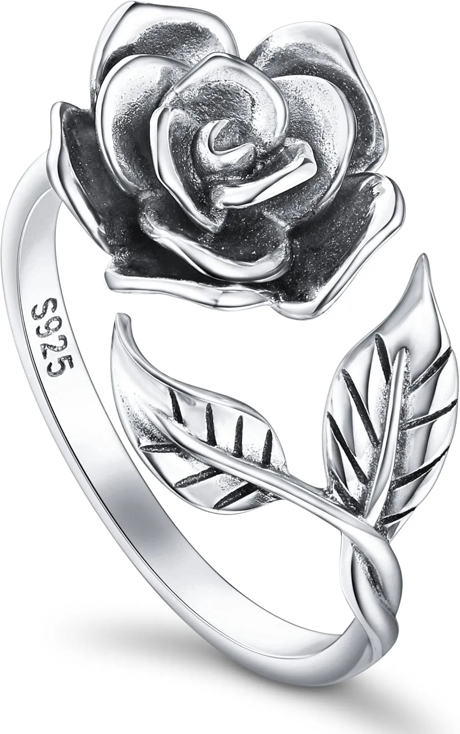 Alphm S925 Sterling Silver Rose Flower Ring Adjustable Wrap Open Jewelry for Women Friend Mom Bride Girlfriend Sisters Teen