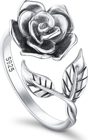 Alphm S925 Sterling Silver Rose Flower Ring Adjustable Wrap Open Jewelry for Women Friend Mom Bride Girlfriend Sisters Teen