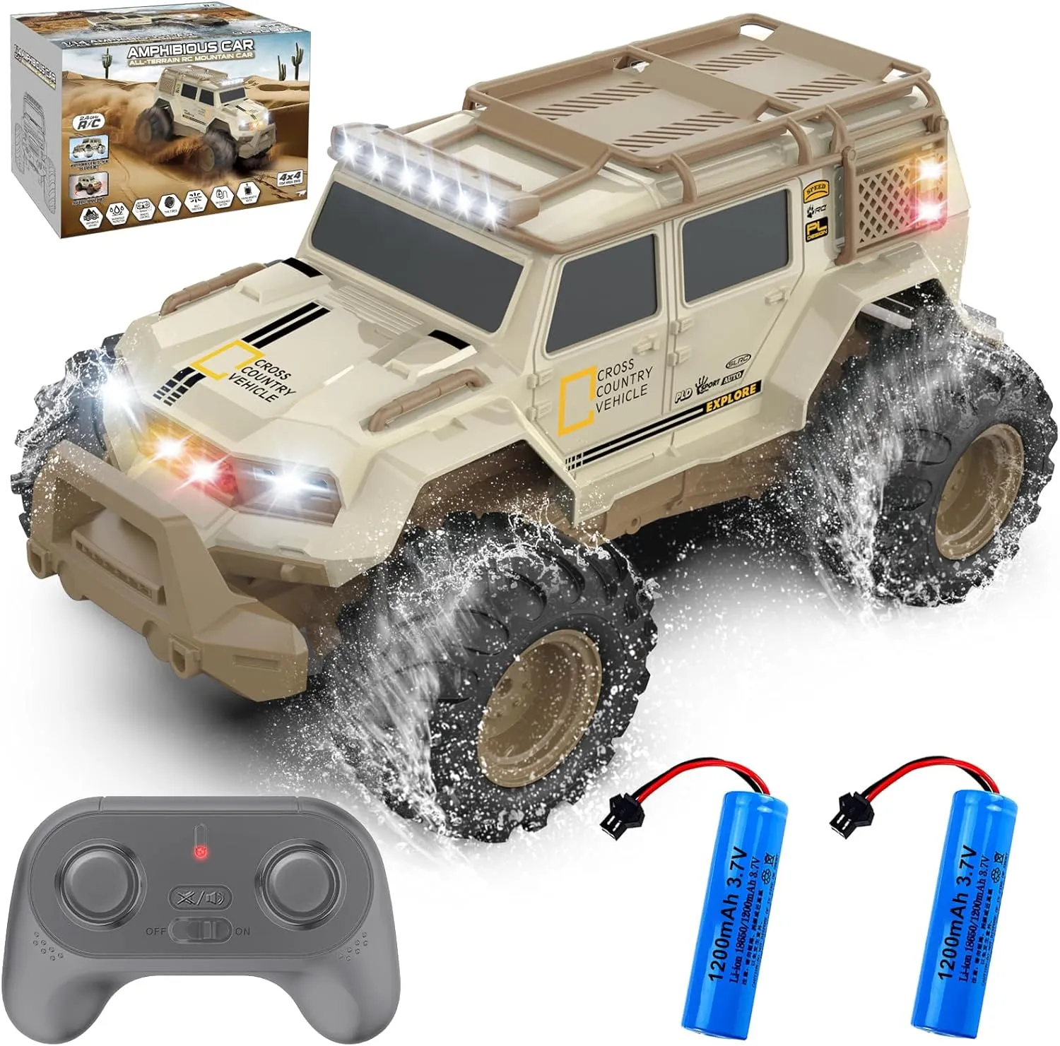 Amphibious Remote Control Car 1:14 with 2 Rechargeable Batteries, 4WD Electric Vehicle for Boys Age 8-12, Offroad Waterproof RC Truck All Terrain RC Drift Cars Beach Pool Toys Gifts for Kids