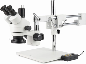 AmScope SM-4TZ-144A Professional Trinocular Stereo Zoom Microscope, WH10x Eyepieces, 3.5X-90X Magnification, 0.7X-4.5X Zoom Objective, Four-Zone LED Ring Light, Double-Arm Boom Stand, 110V-240V, Includes 0.5X and 2.0X Barlow Lens