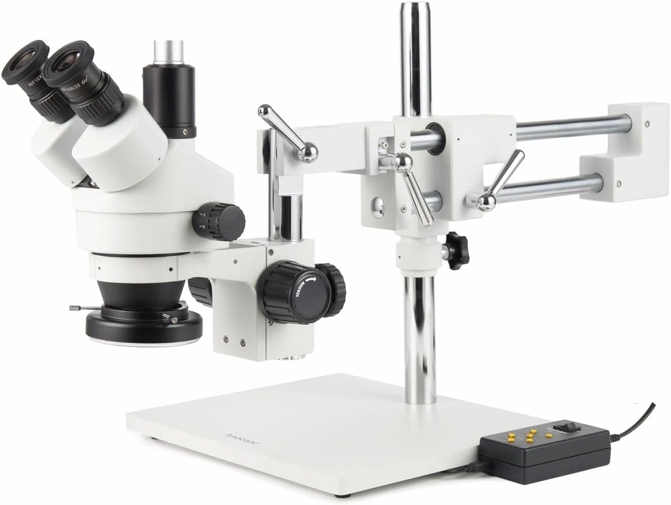 AmScope SM-4TZ-144A Professional Trinocular Stereo Zoom Microscope, WH10x Eyepieces, 3.5X-90X Magnification, 0.7X-4.5X Zoom Objective, Four-Zone LED Ring Light, Double-Arm Boom Stand, 110V-240V, Includes 0.5X and 2.0X Barlow Lens