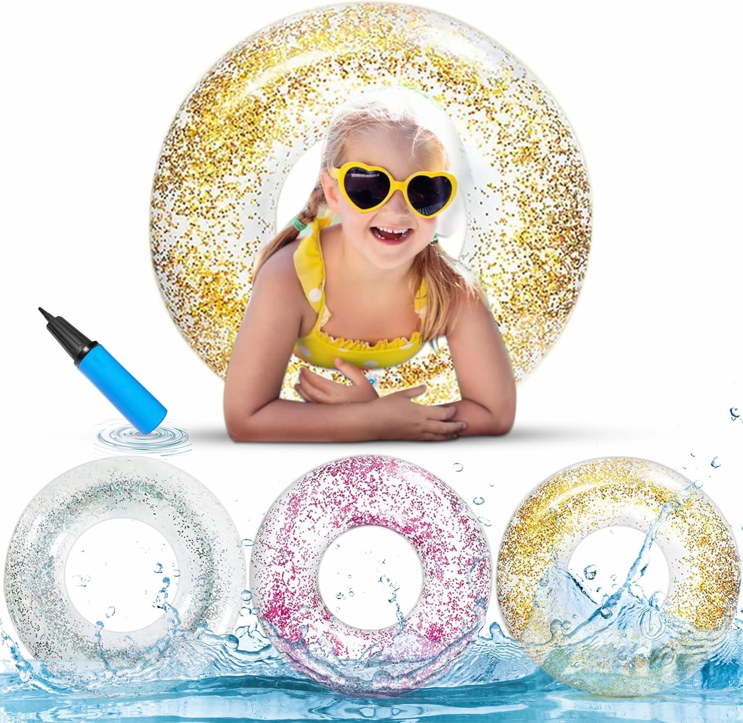 Anas Pool Floats Rings, Inflatable Swimming Pool Floating Rings, Summer Fun Glitter Multicolor Swim Tube Pool Floaties, Summer Outdoor Floats 3 Pack