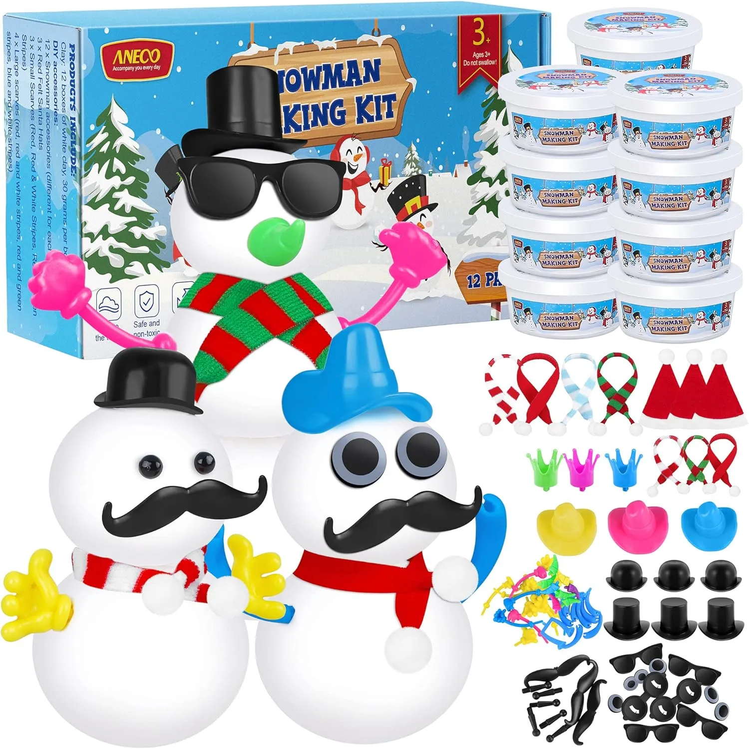 Aneco 12 Pack Christmas Build Snowman Modeling Clay Christmas DIY Craft Kit Air Dry Snowman Decorating Kit Winter Snowman Gift Toys for Christmas Holiday Decorations
