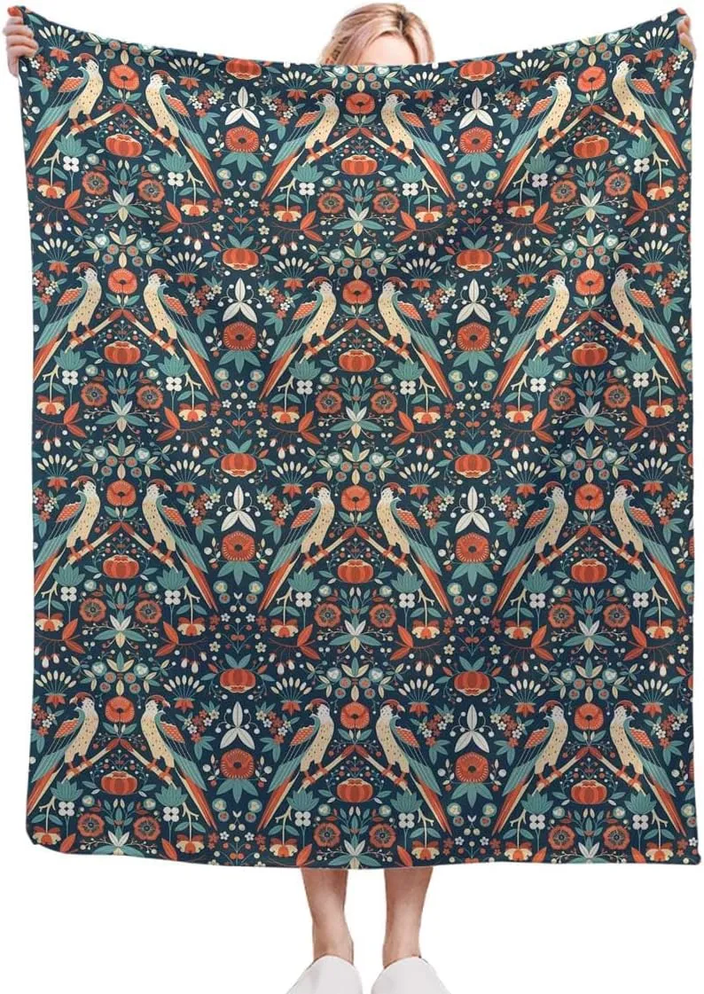 Animal Fleece Throw Blanket - Cozy Plush Blanket for Bed, Sofa, Travel, Camping - All Seasons Garden Birds in Art Vintage Pattern Blue and Red 50x70 Inches