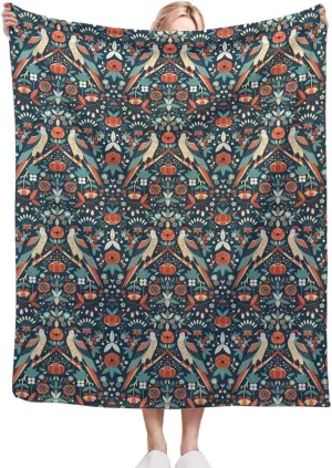 Animal Fleece Throw Blanket - Cozy Plush Blanket for Bed, Sofa, Travel, Camping - All Seasons Garden Birds in Art Vintage Pattern Blue and Red 50x70 Inches