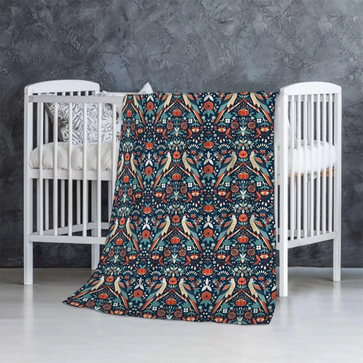 Animal Fleece Throw Blanket - Cozy Plush Blanket for Bed, Sofa, Travel, Camping - All Seasons Garden Birds in Art Vintage Pattern Blue and Red 50x70 Inches