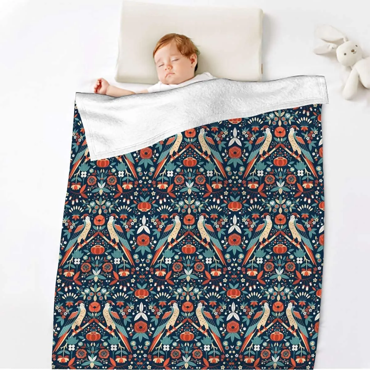 Animal Fleece Throw Blanket - Cozy Plush Blanket for Bed, Sofa, Travel, Camping - All Seasons Garden Birds in Art Vintage Pattern Blue and Red 50x70 Inches