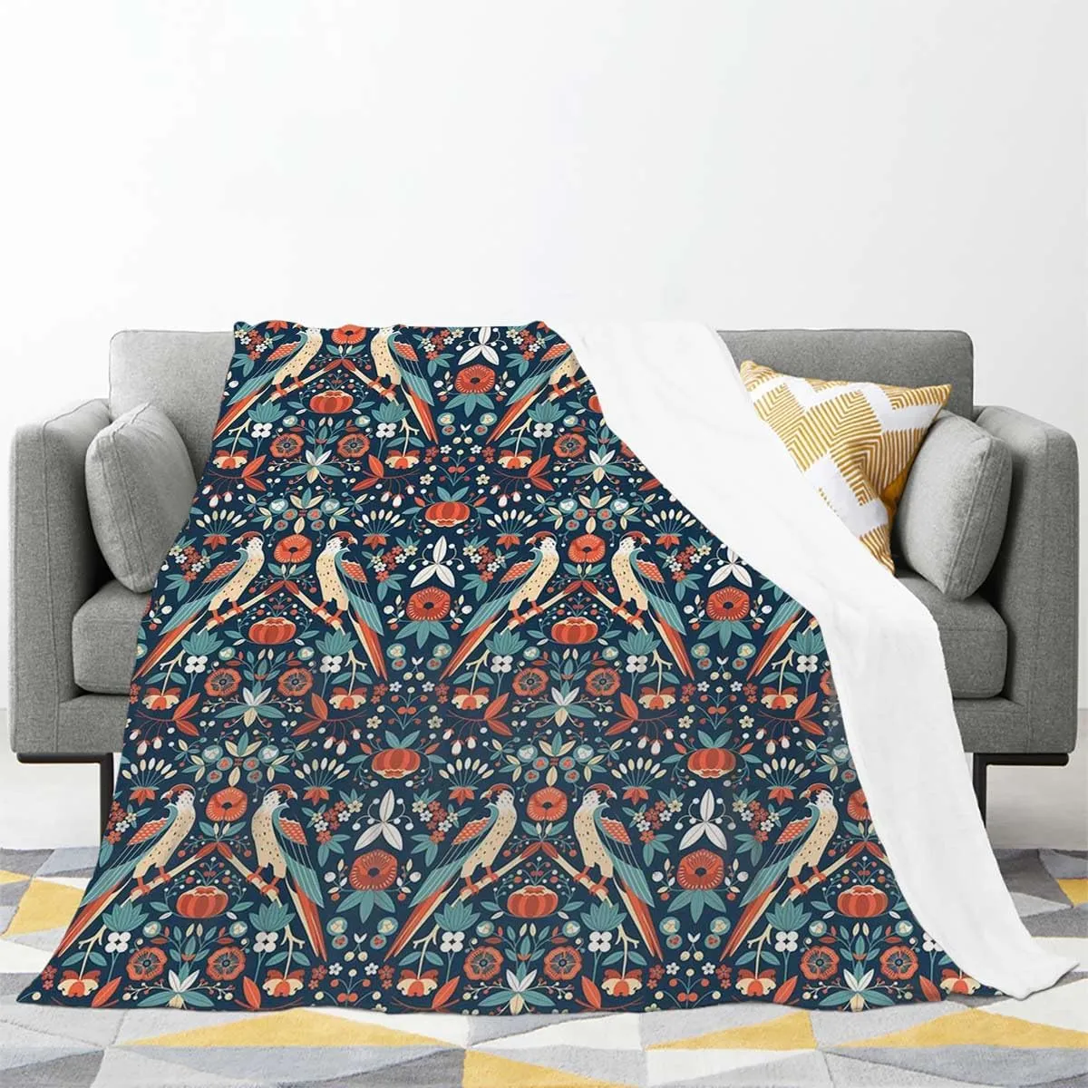 Animal Fleece Throw Blanket - Cozy Plush Blanket for Bed, Sofa, Travel, Camping - All Seasons Garden Birds in Art Vintage Pattern Blue and Red 50x70 Inches