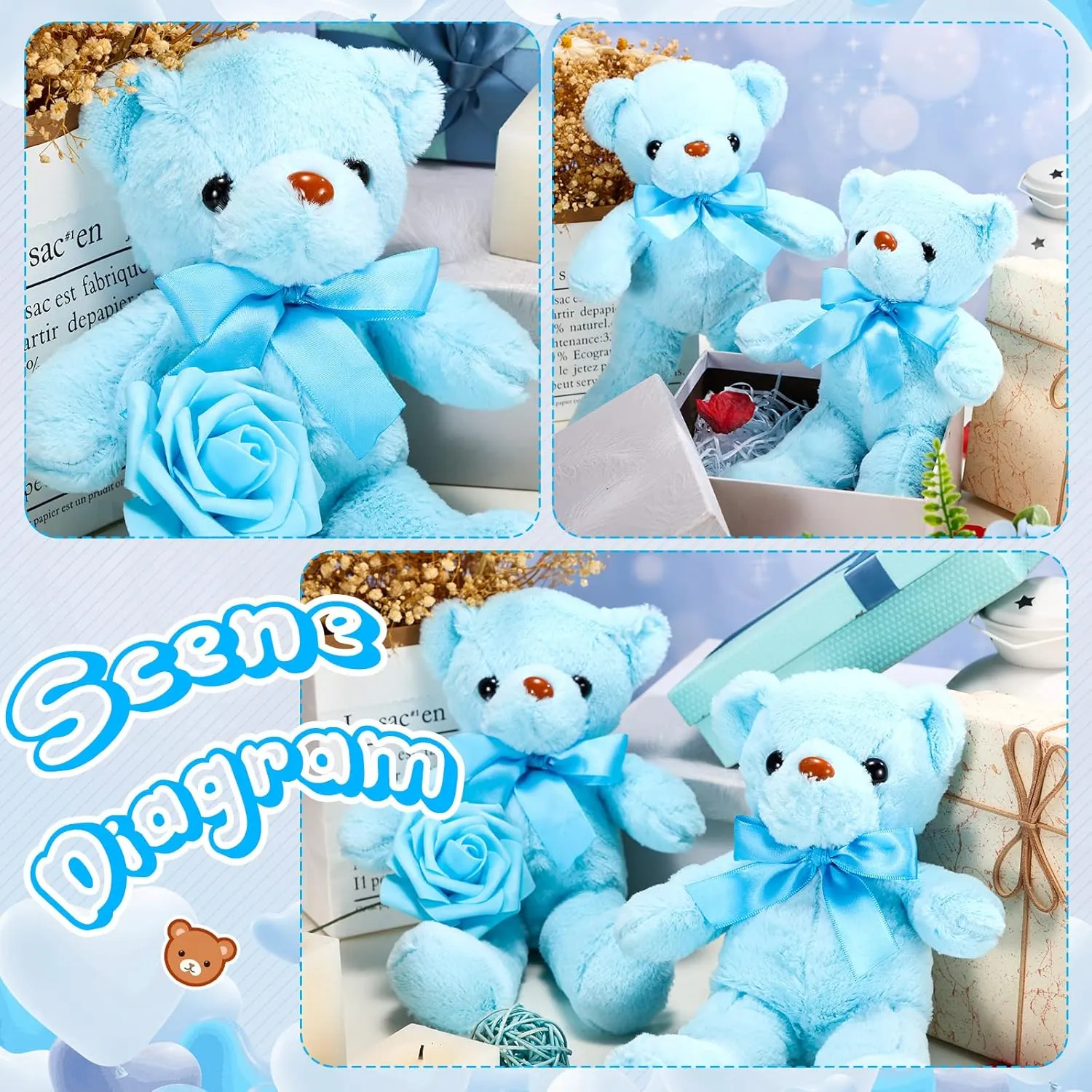 Aoriher 6 Pcs Bear Stuffed Animal Bulk Baby Shower Bear Plush Toys Soft Cute Sleeping and Playing Decorations for Kids Graduation Gift Baby Shower Birthday Party Favor(Blue)