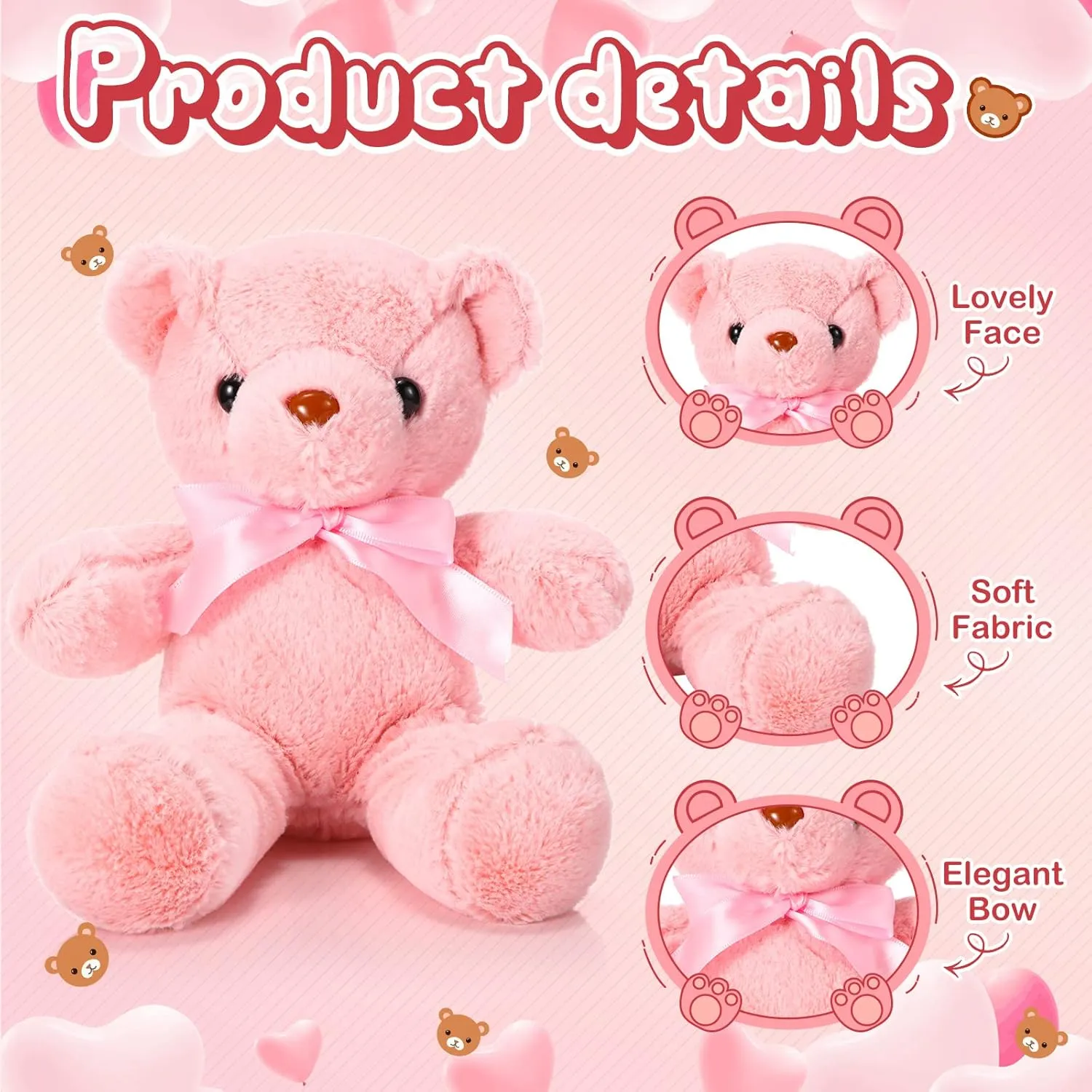 Aoriher 6 Pcs Bear Stuffed Animal Bulk Baby Shower Bear Plush Toys Soft Cute Sleeping and Playing Decorations for Kids Graduation Gift Baby Shower Birthday Party Favor(Pink)