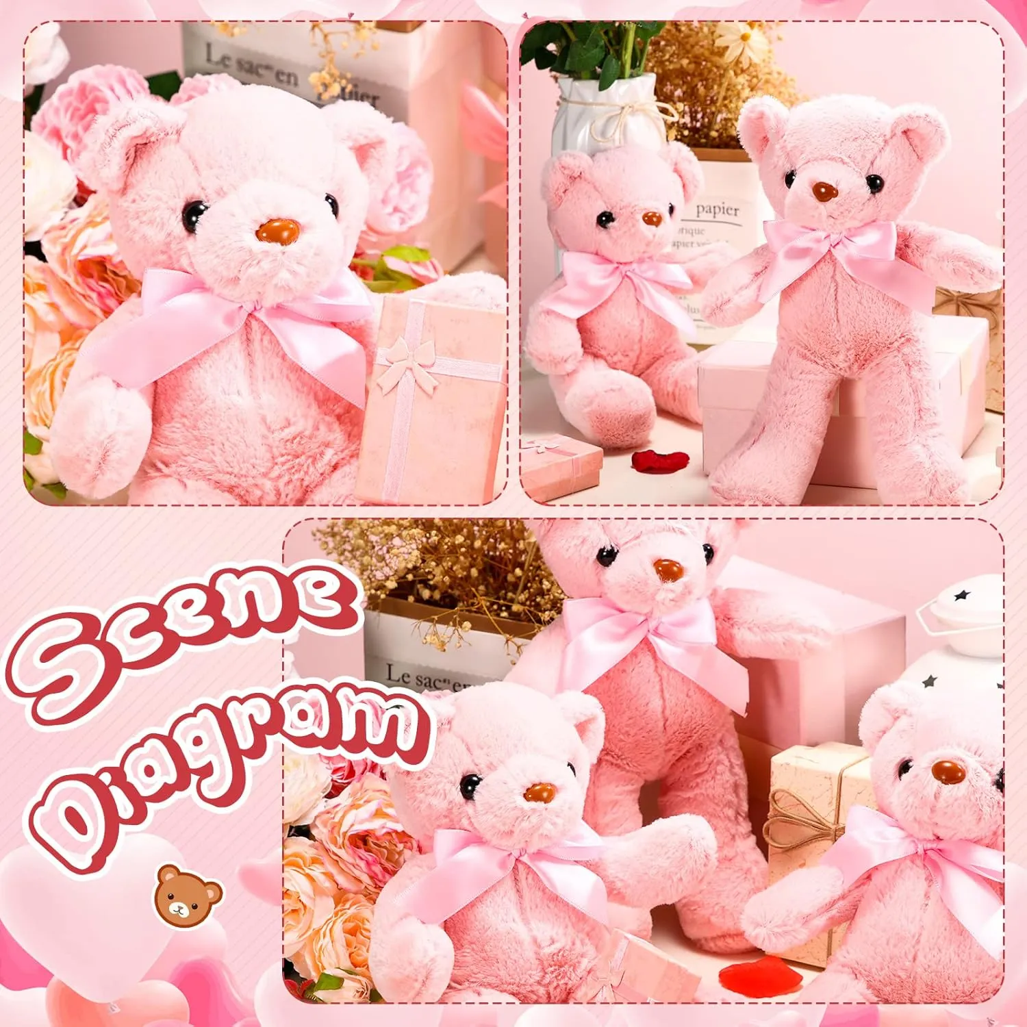 Aoriher 6 Pcs Bear Stuffed Animal Bulk Baby Shower Bear Plush Toys Soft Cute Sleeping and Playing Decorations for Kids Graduation Gift Baby Shower Birthday Party Favor(Pink)