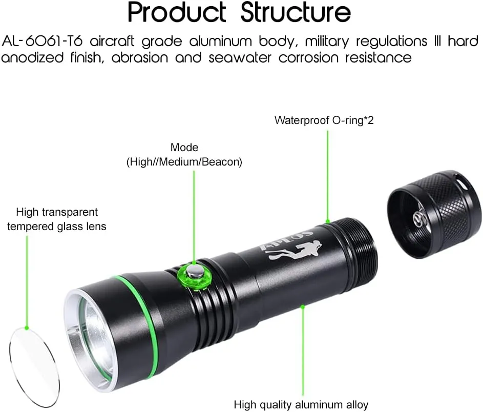 APLOS AP30 3000lm Diving Flashlight with 3 Modes, Power Indicator, IPX8 Waterproof Professional Rechargeable Dive Light