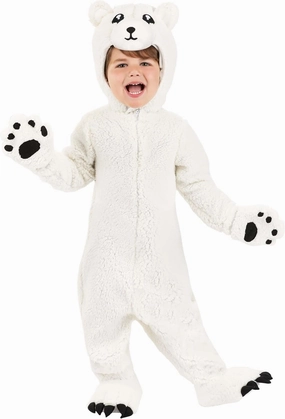Arctic Polar Bear Costume for Toddlers - Shearling Fleece Bodysuit, Gloves, Shoe Covers, and Headpiece with Embroidery