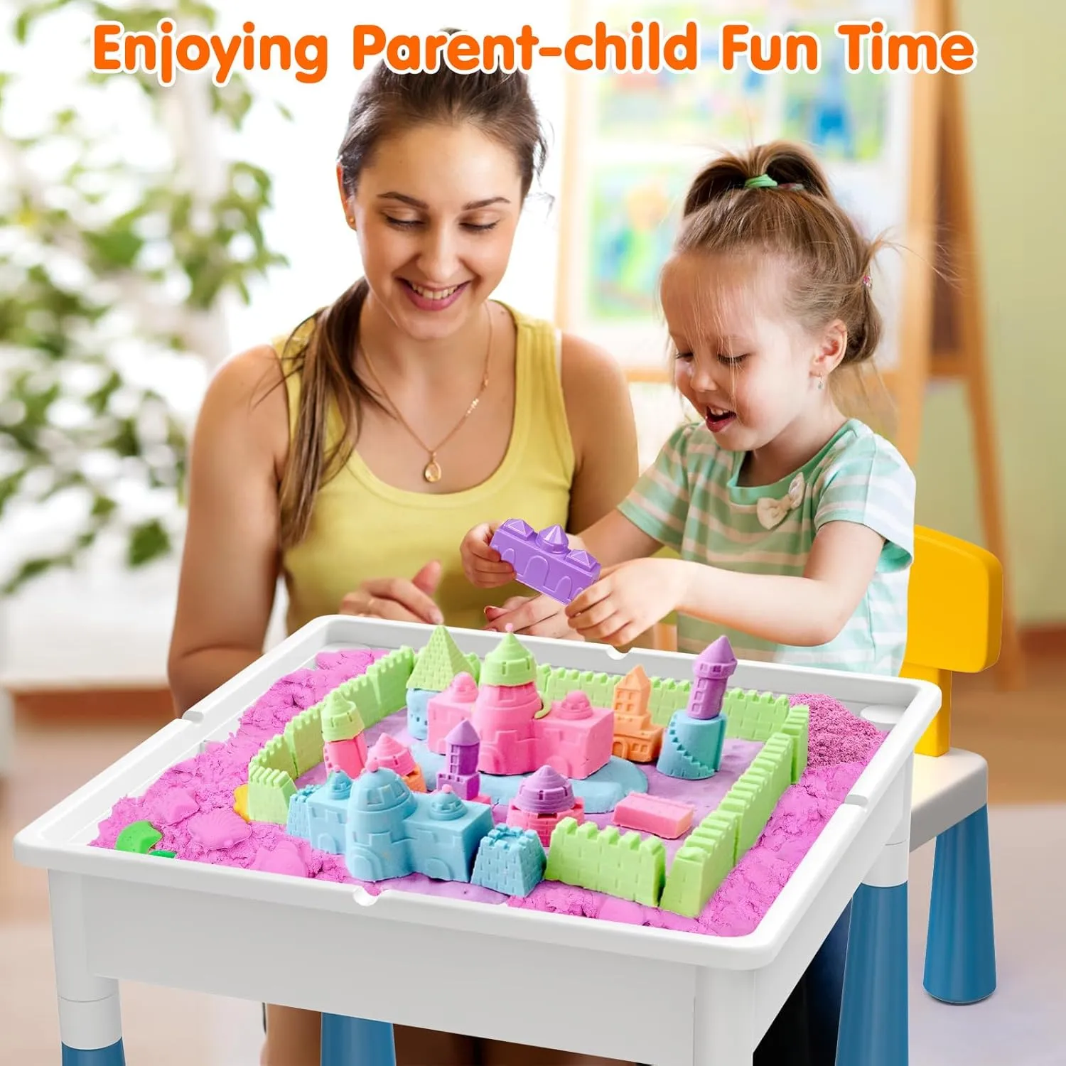 Arscniek Toddlers Activity Table 7 in 1 Kids Activity Tables and Chair Set with 152Pcs Large Marble Run Building Blocks, Sand/Water Tables, Kids Learning Play Table Toys for Girls Boys Toddler Age 3-7