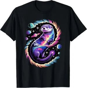 Astronaut Riding Otter Space Stars Galaxy Planets T-Shirt