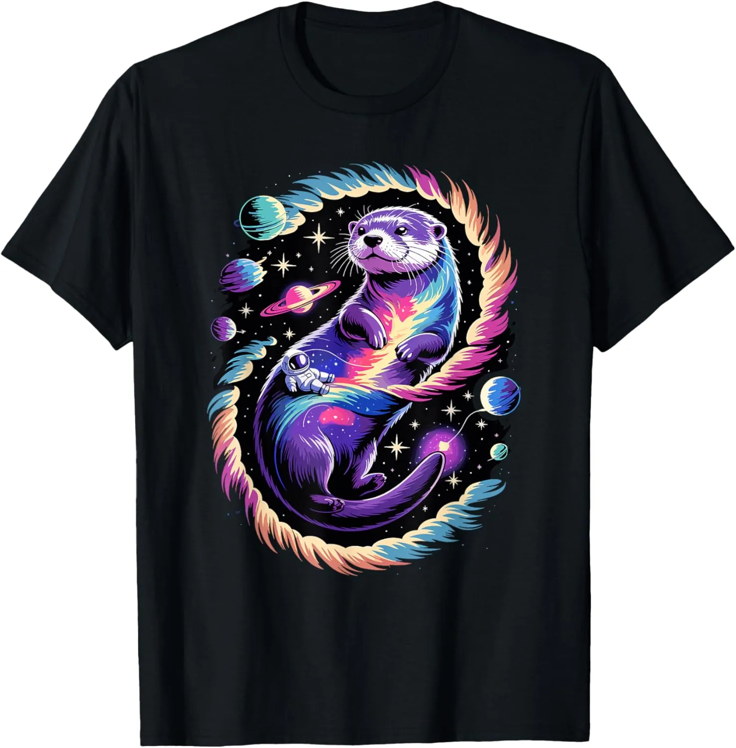 Astronaut Riding Otter Space Stars Galaxy Planets T-Shirt