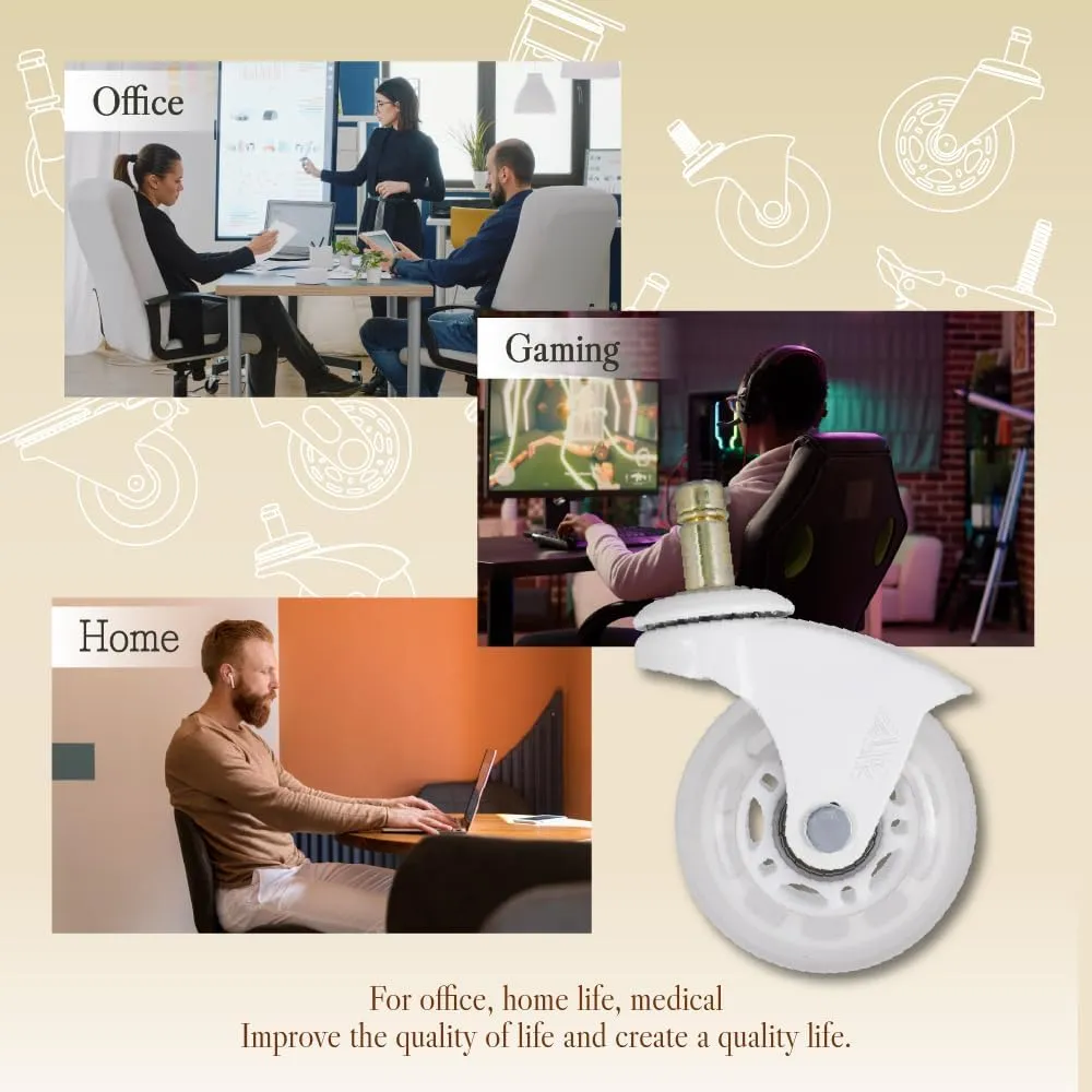 AXL 10mm Stem, IKEA Office Chair Wheels, 2.5 Inch Rollerblade Casters with Gap-Free Bracket for Safe Barefoot Rolling, Quiet & Floor-Safe, (IKEA 10mm) (White/Clear, 2.5 inch White)