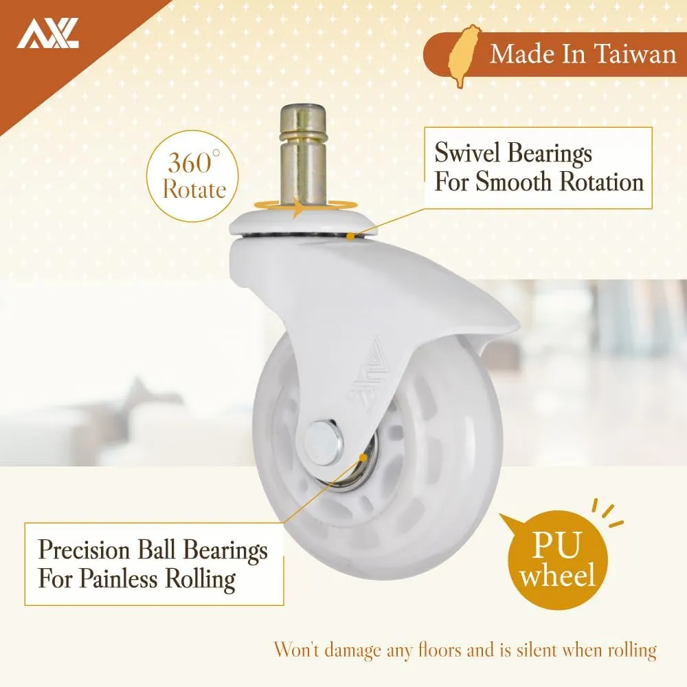 AXL 10mm Stem, IKEA Office Chair Wheels, 2.5 Inch Rollerblade Casters with Gap-Free Bracket for Safe Barefoot Rolling, Quiet & Floor-Safe, (IKEA 10mm) (White/Clear, 2.5 inch White)