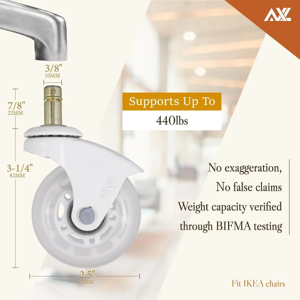 AXL 10mm Stem, IKEA Office Chair Wheels, 2.5 Inch Rollerblade Casters with Gap-Free Bracket for Safe Barefoot Rolling, Quiet & Floor-Safe, (IKEA 10mm) (White/Clear, 2.5 inch White)