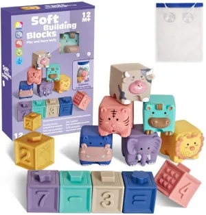 Baby Building Blocks 12Pcs Soft Building Blocks Toy Set, Silicone Bath Toys Chewable, Educational Squeeze Play Toys for Babies Over Six Months Old