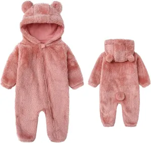 Baby Fluffy Jumpsuit Hooded Fleece Rompers Long Sleeve Zipper Onesie Outwear