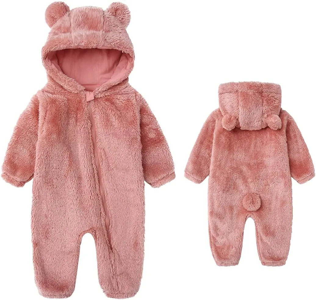 Baby Fluffy Jumpsuit Hooded Fleece Rompers Long Sleeve Zipper Onesie Outwear