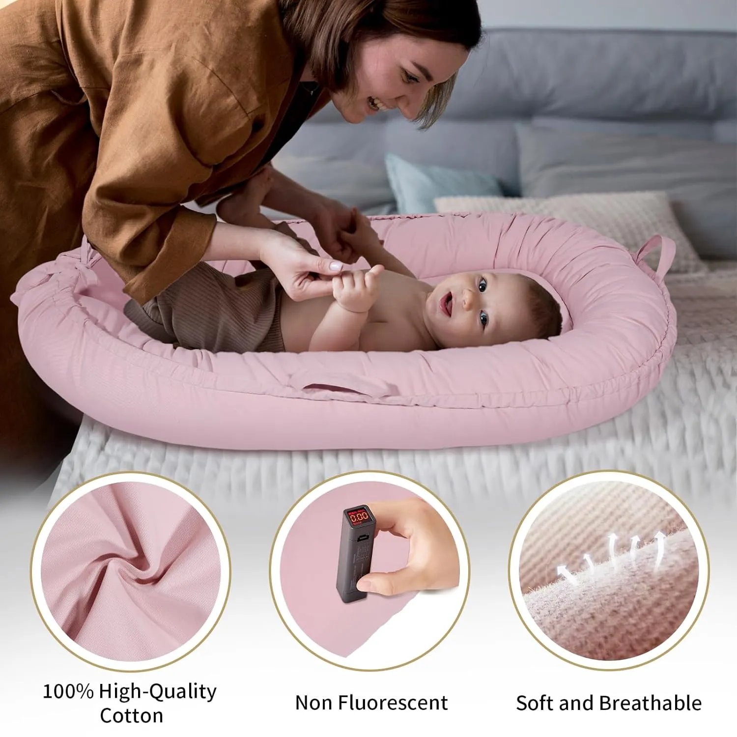 Baby Lounger for Newborn 0-24 Months, Infant Lounger with Soft Breathable Cotton Cover, Lightweight Portable Baby Nest for Tummy, Co Sleeping and Travel, Newborn Essentials for Baby Girl